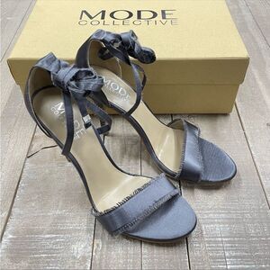 The Mode Collective Arielle Heeled Satin Open Toe Sandal in Charcoal